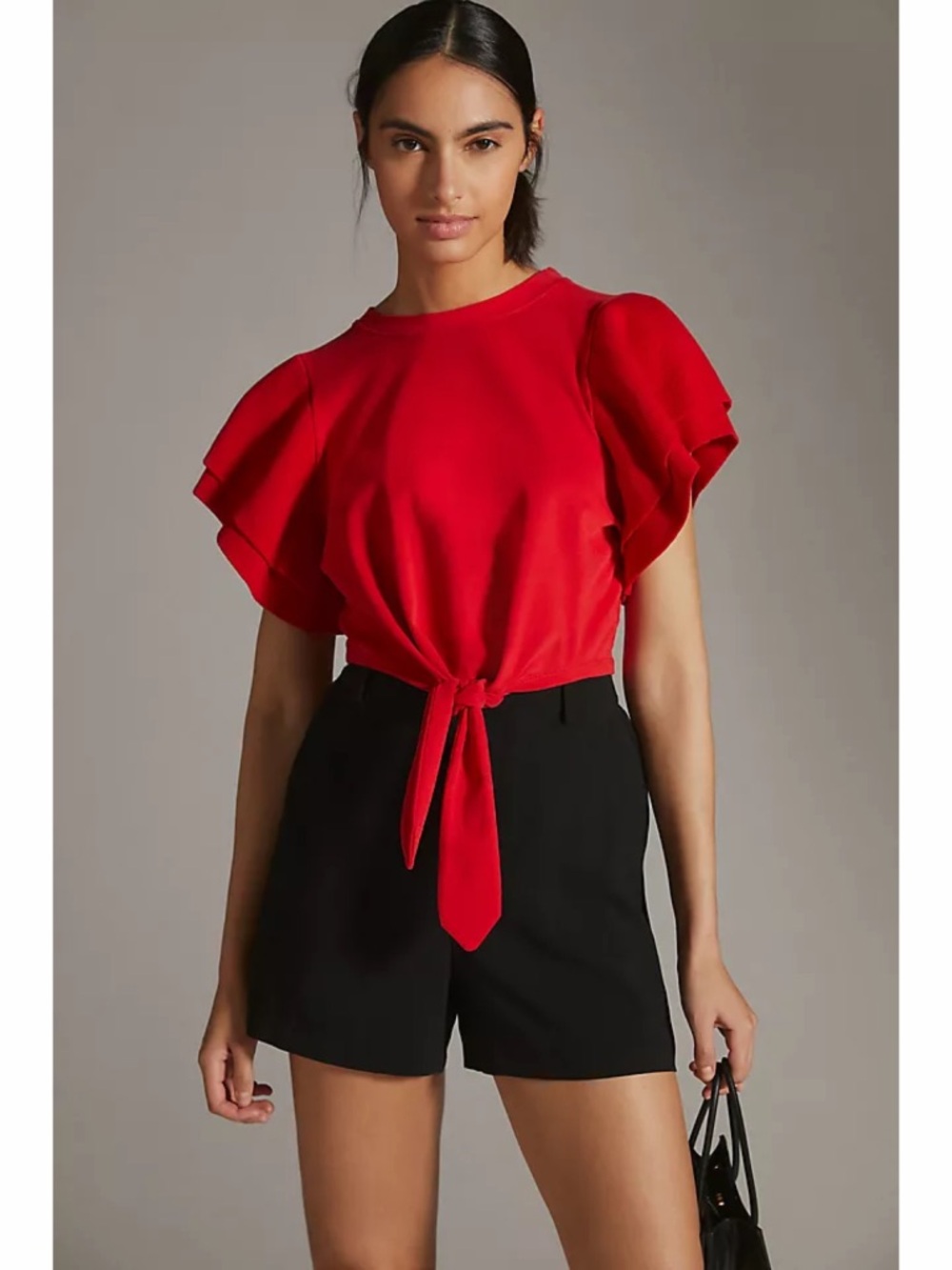 Anthro Dolan Left Coast Red Ruffle Sleeve Tie Front Knit Top Size S Spring Boho